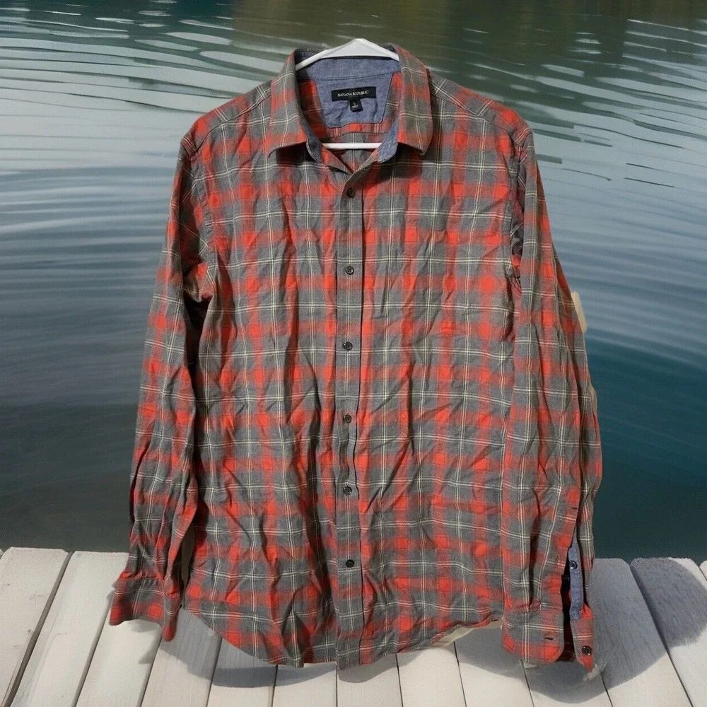 Men's‎ Banana Republic Button Up Flannel Shirt Red Gray Windowpane Check-L